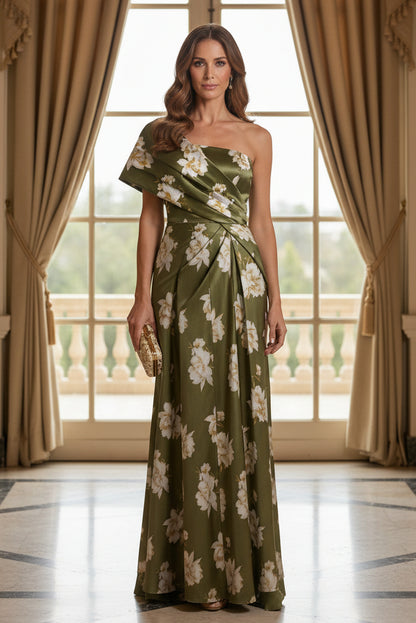 One-Shoulder Floral Satin Gown with Pleated Bodice