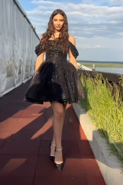 Off-the-Shoulder Glitter A-Line Party Dress
