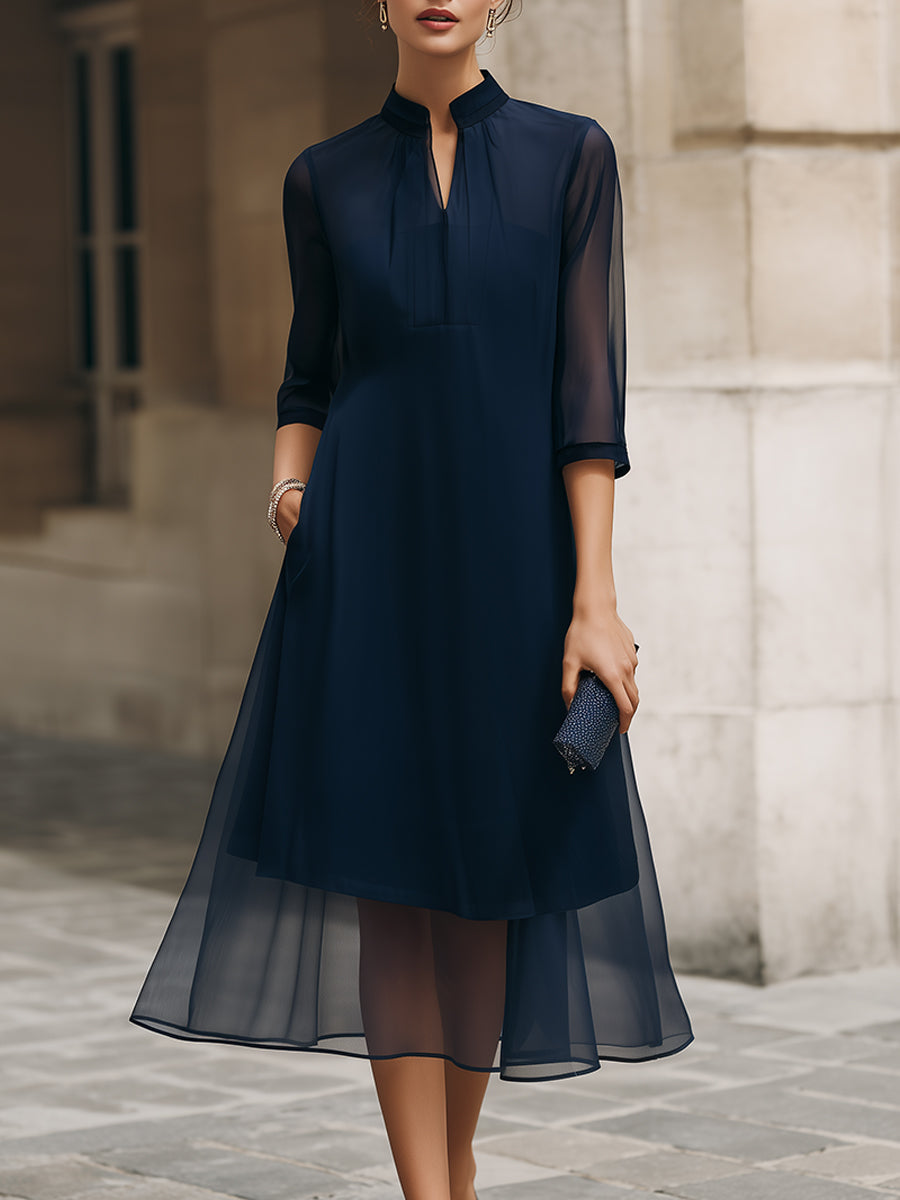 Mandarin Collar Sheer Layer Midi Dress
