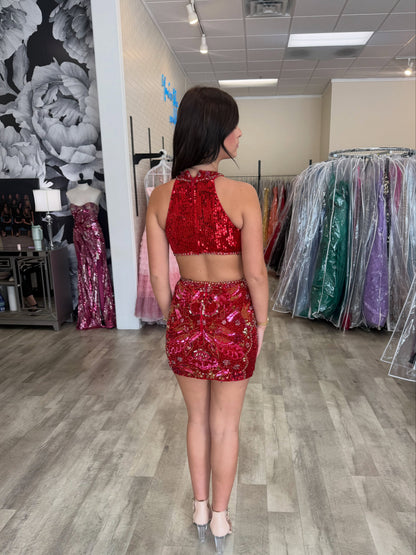 Embellished High Neck Cutout Sequin Mini Dress