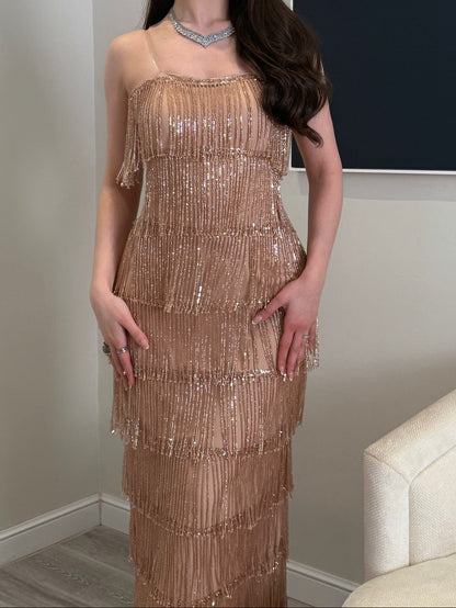 Tiered Fringe Sequin Column Maxi Dress