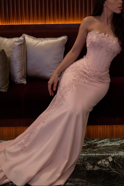 Strapless Corset Gown with Floral Appliques