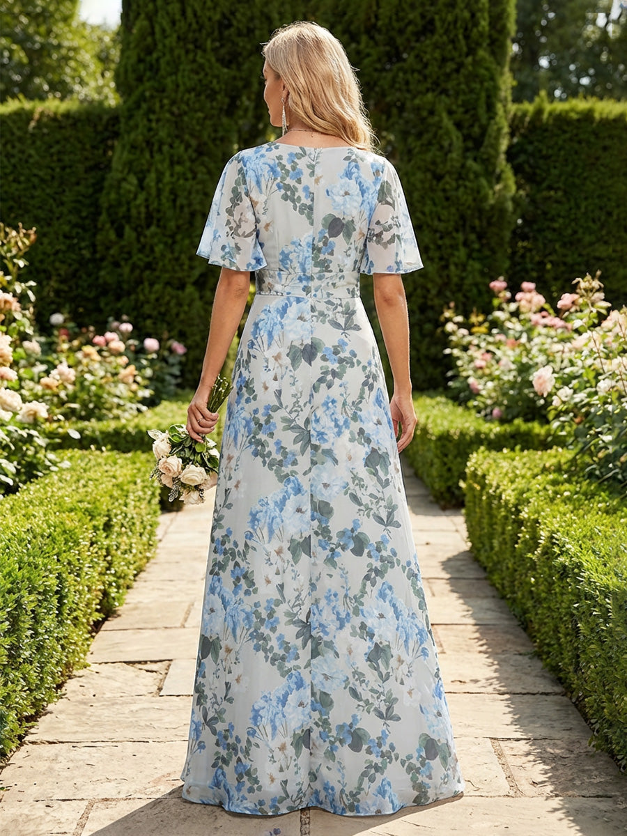 Floral Print Chiffon Maxi Dress with Flutter Sleeves
