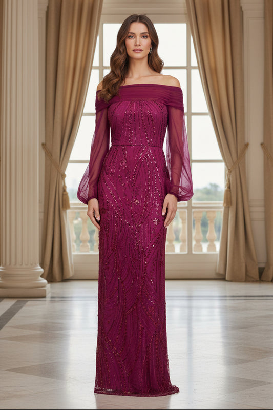 Off-Shoulder Sequin Gown with Sheer Sleeves
