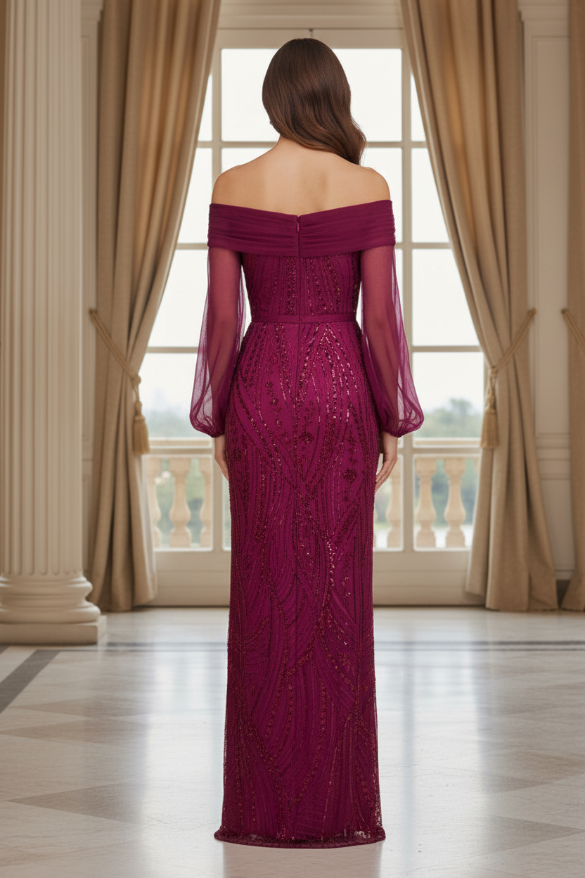 Off-Shoulder Sequin Gown with Sheer Sleeves
