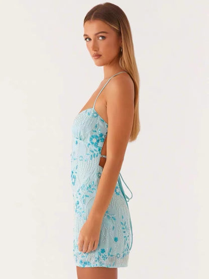 Backless Beaded Floral Bodycon Mini Dress
