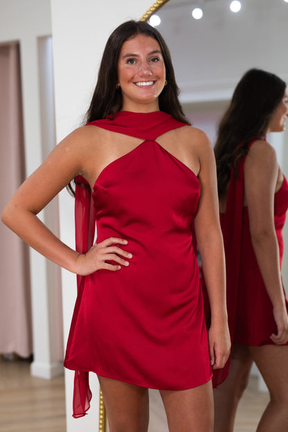 Crisscross Halter Satin Mini Dress with Chiffon Ties