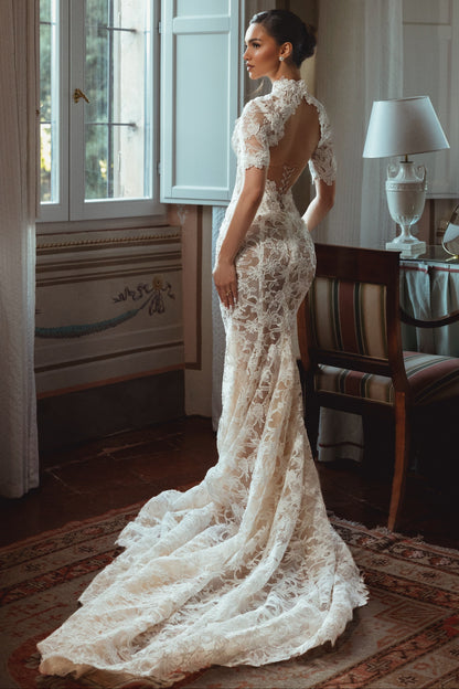 High-Neck Lace Mermaid Wedding Dress with Open Back
