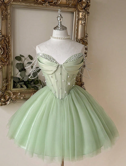 Pearl-Embellished Corset Mini Dress with Tulle Skirt