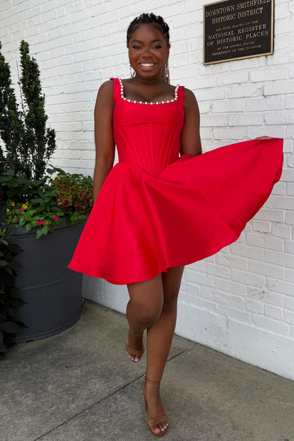 Pearl-Trimmed Corset Bodice Mini Dress