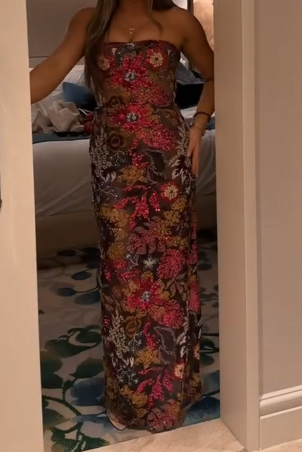 Strapless Floral Sequin Column Maxi Dress