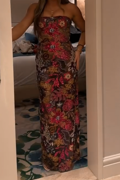 Strapless Floral Sequin Column Maxi Dress