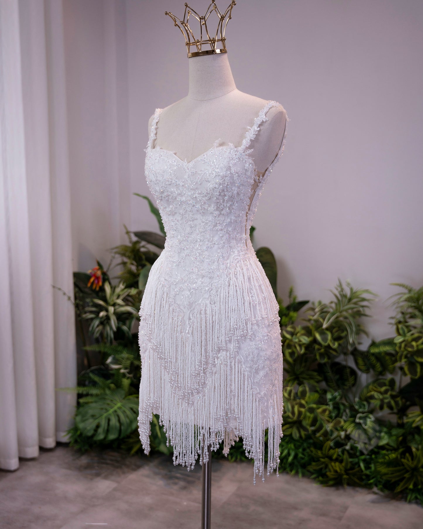Fringe Beaded Sweetheart Mini Wedding Dress