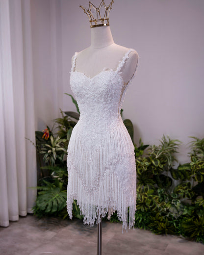 Fringe Beaded Sweetheart Mini Wedding Dress