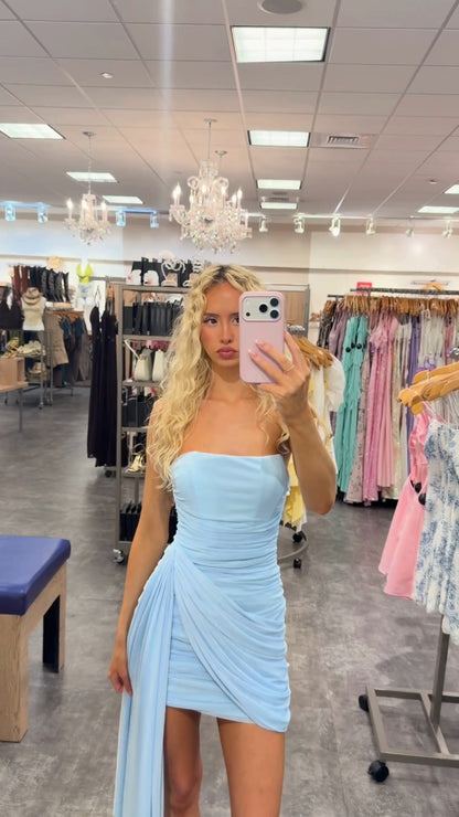 Strapless Ruched Bodycon Mini Dress with Side Drape