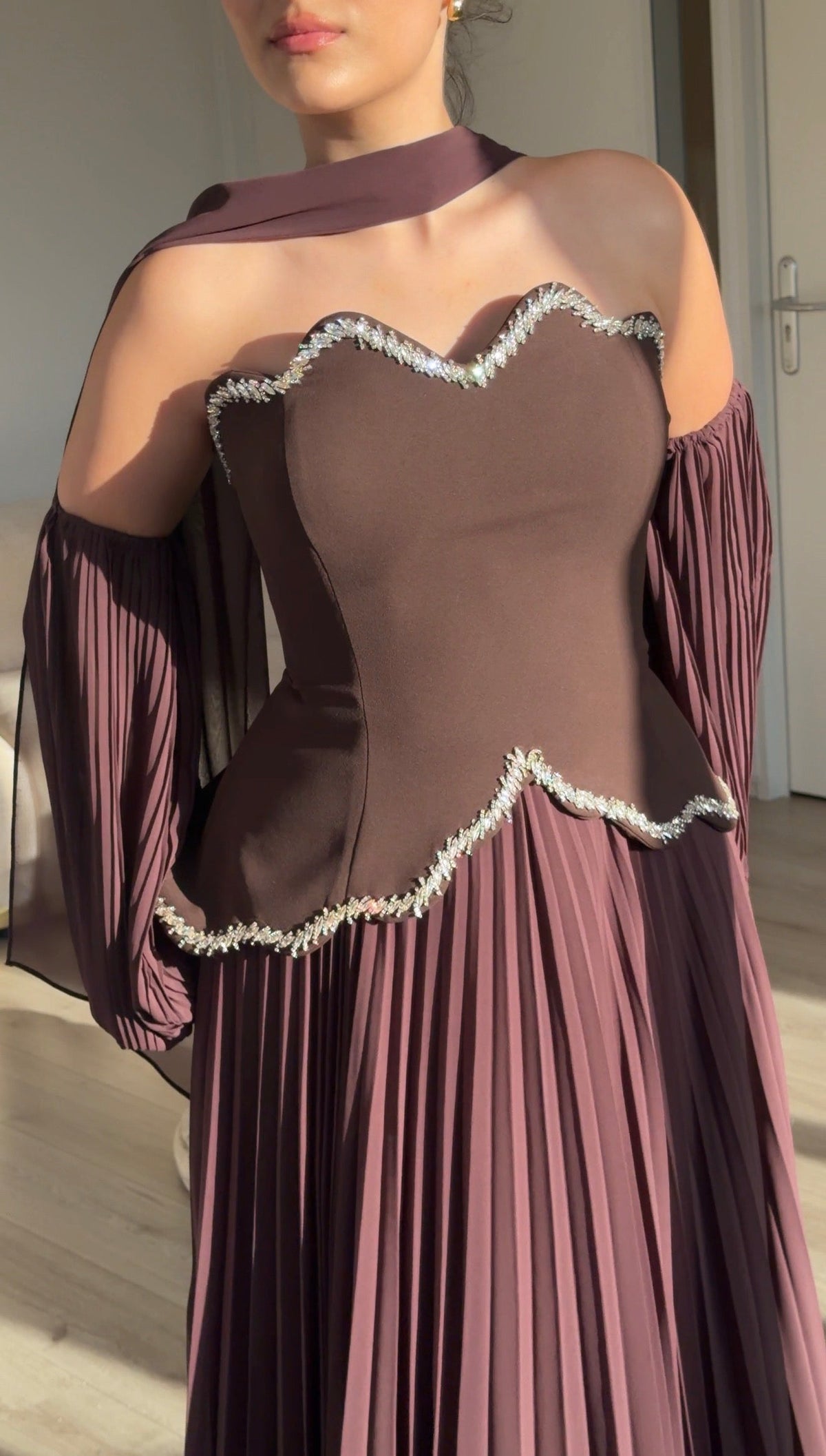 Pleated Maxi Evening Dress with Scalloped Crystal Trim