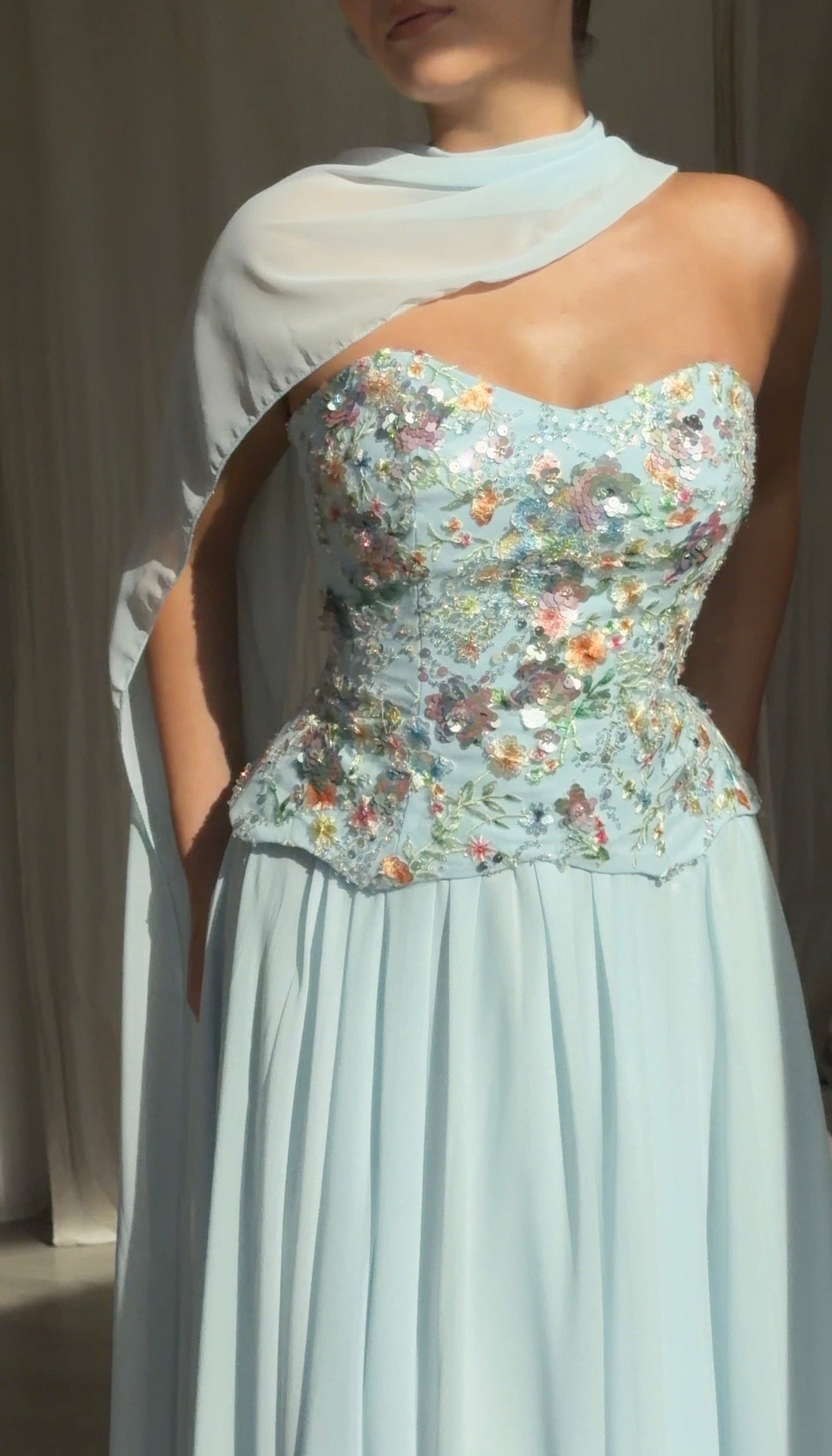 Floral Sequin Corset Evening Gown with Scarf