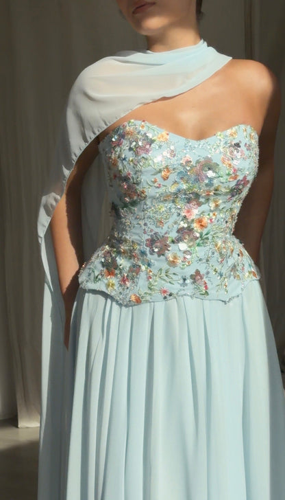 Floral Sequin Corset Evening Gown with Scarf