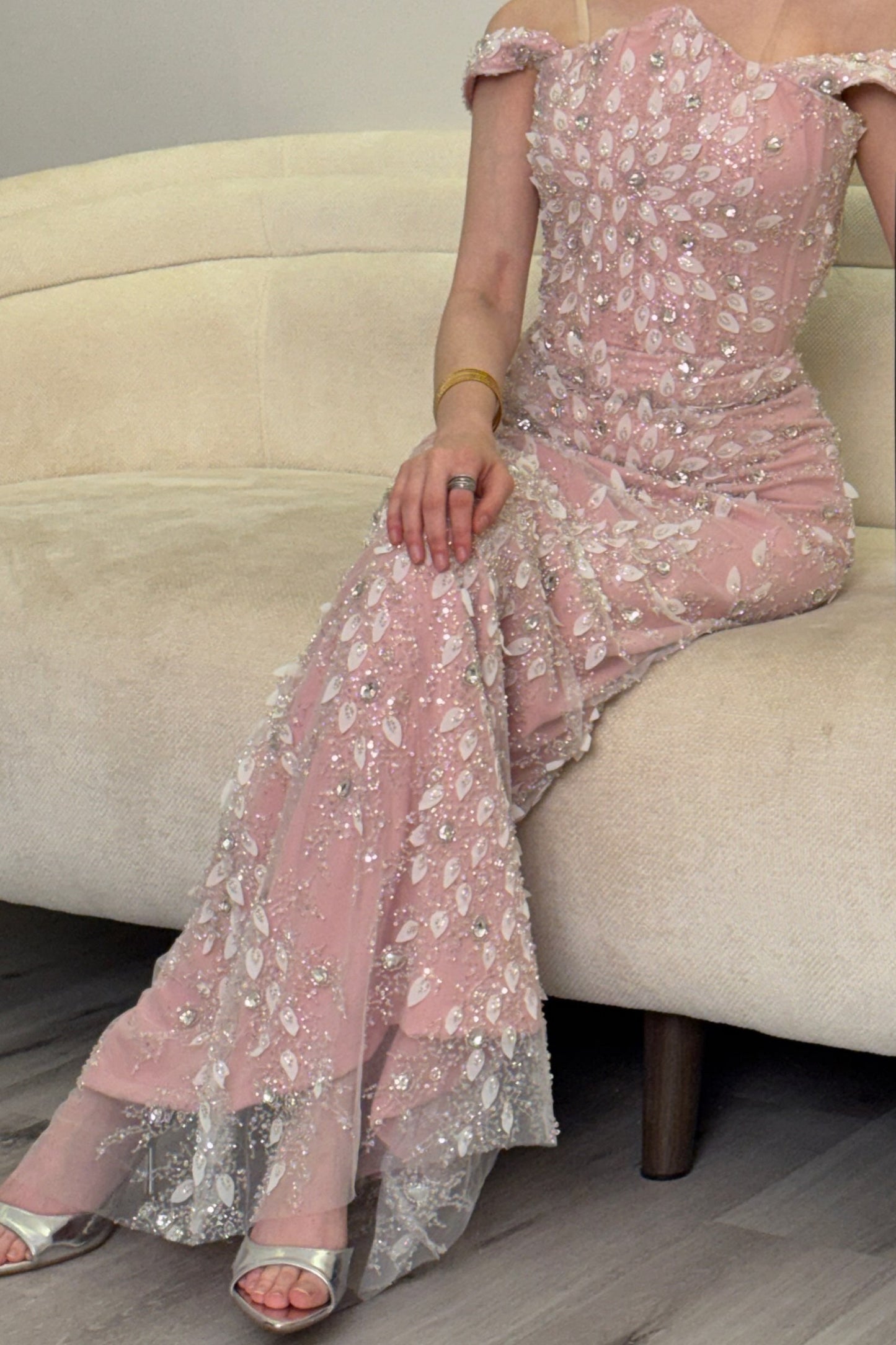 Embellished Off-the-Shoulder Column Evening Gown