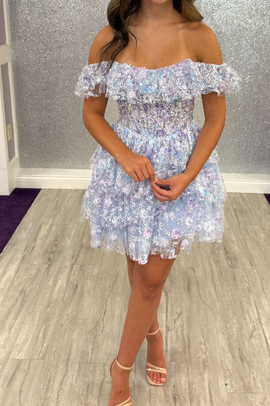 Off-the-Shoulder Tiered Glitter Homecoming Dress