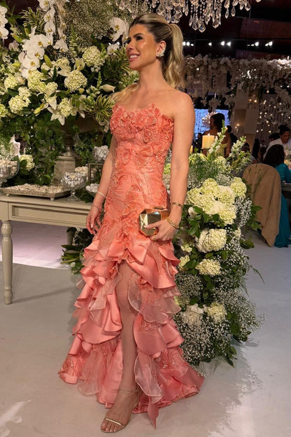 Strapless 3D Floral High-Slit Ruffle Evening Gown