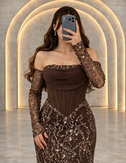 Beaded Off-Shoulder Corset Mermaid Gown