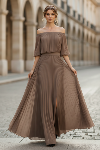 Off Shoulder Pleated Chiffon Maxi Dress with High Slit