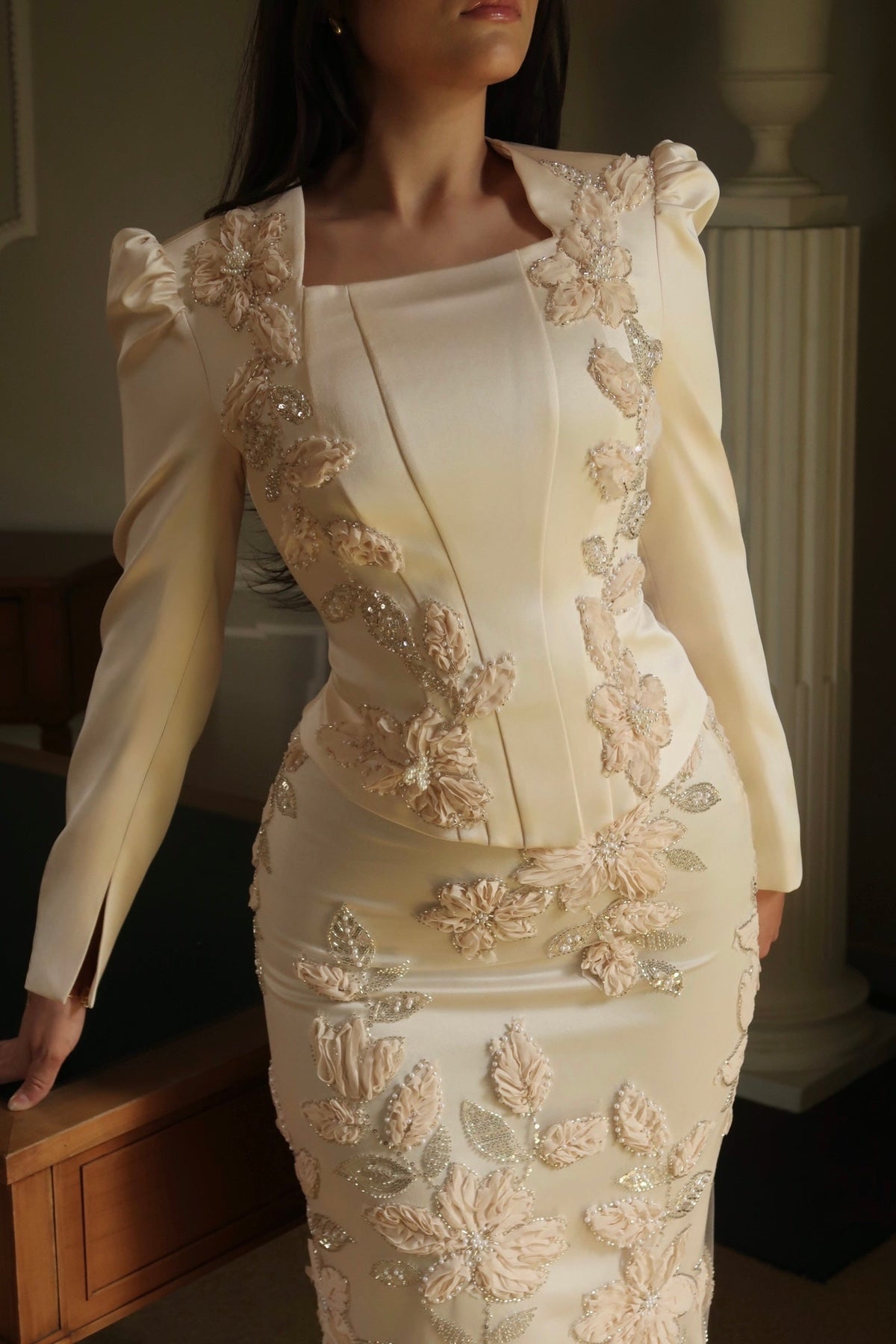 3D Floral Long Sleeve Satin Column Evening Gown