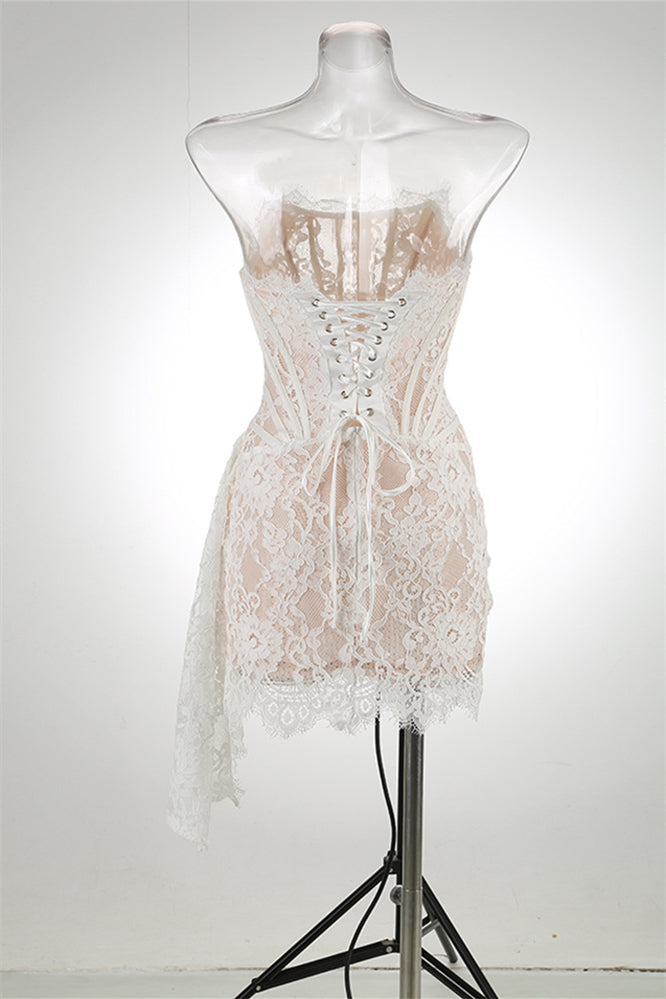 Strapless Lace Corset Mini Dress with Side Drape