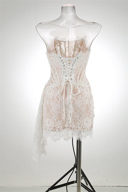 Strapless Lace Corset Mini Dress with Side Drape