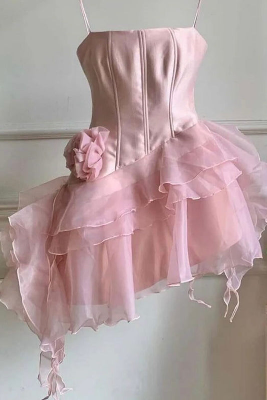 Asymmetrical Tiered Corset Dress with 3D Flower