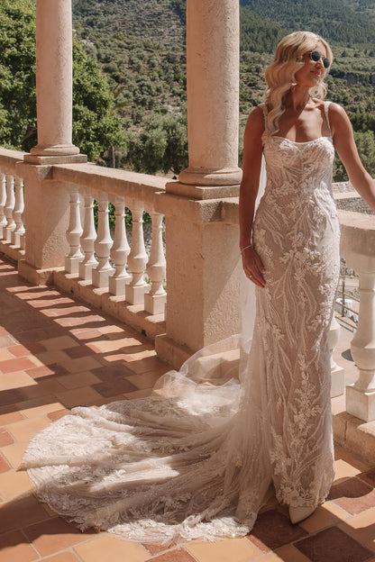 Embroidered Lace Sheath Wedding Dress with Train