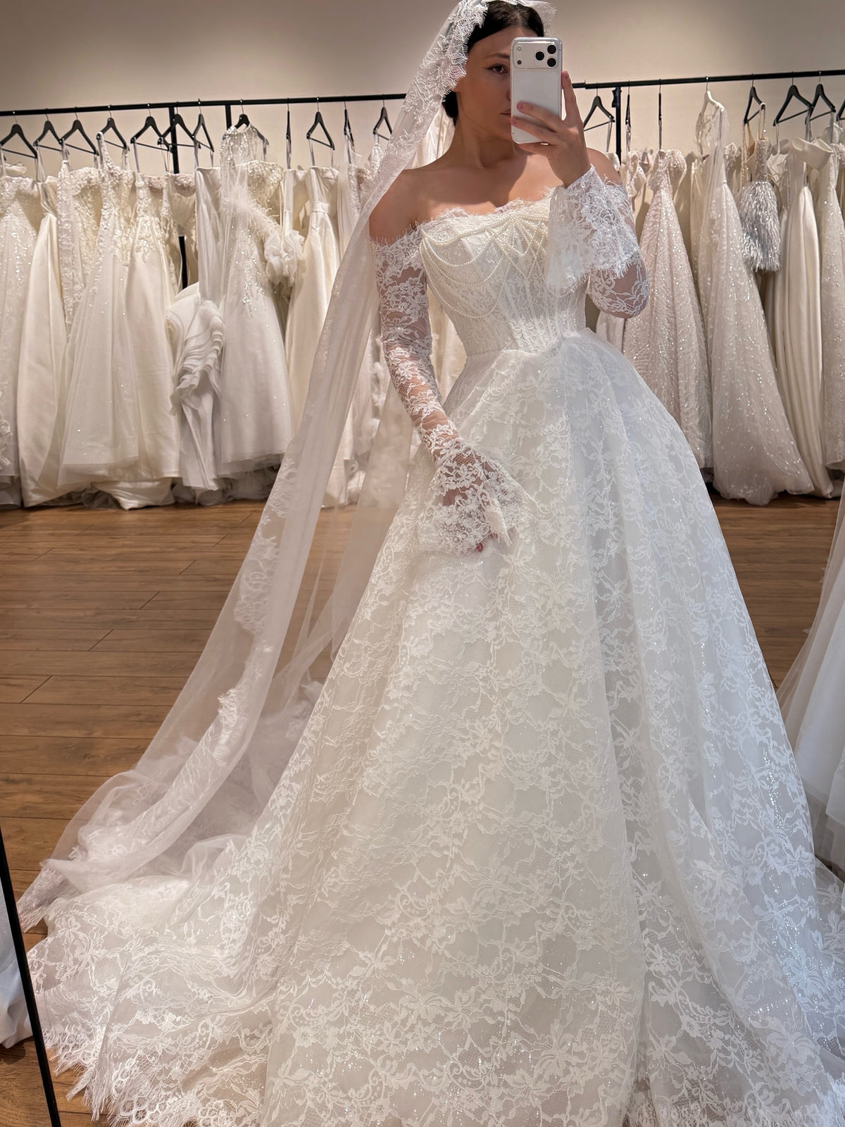 Off-the-Shoulder Lace Ball Gown Wedding Dress