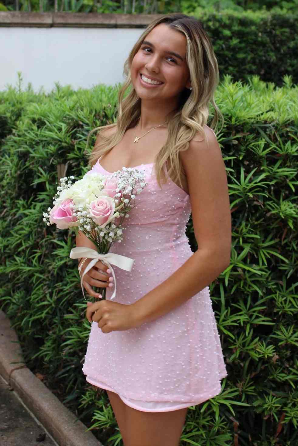 Pearl-Embellished Spaghetti Strap Mini Dress
