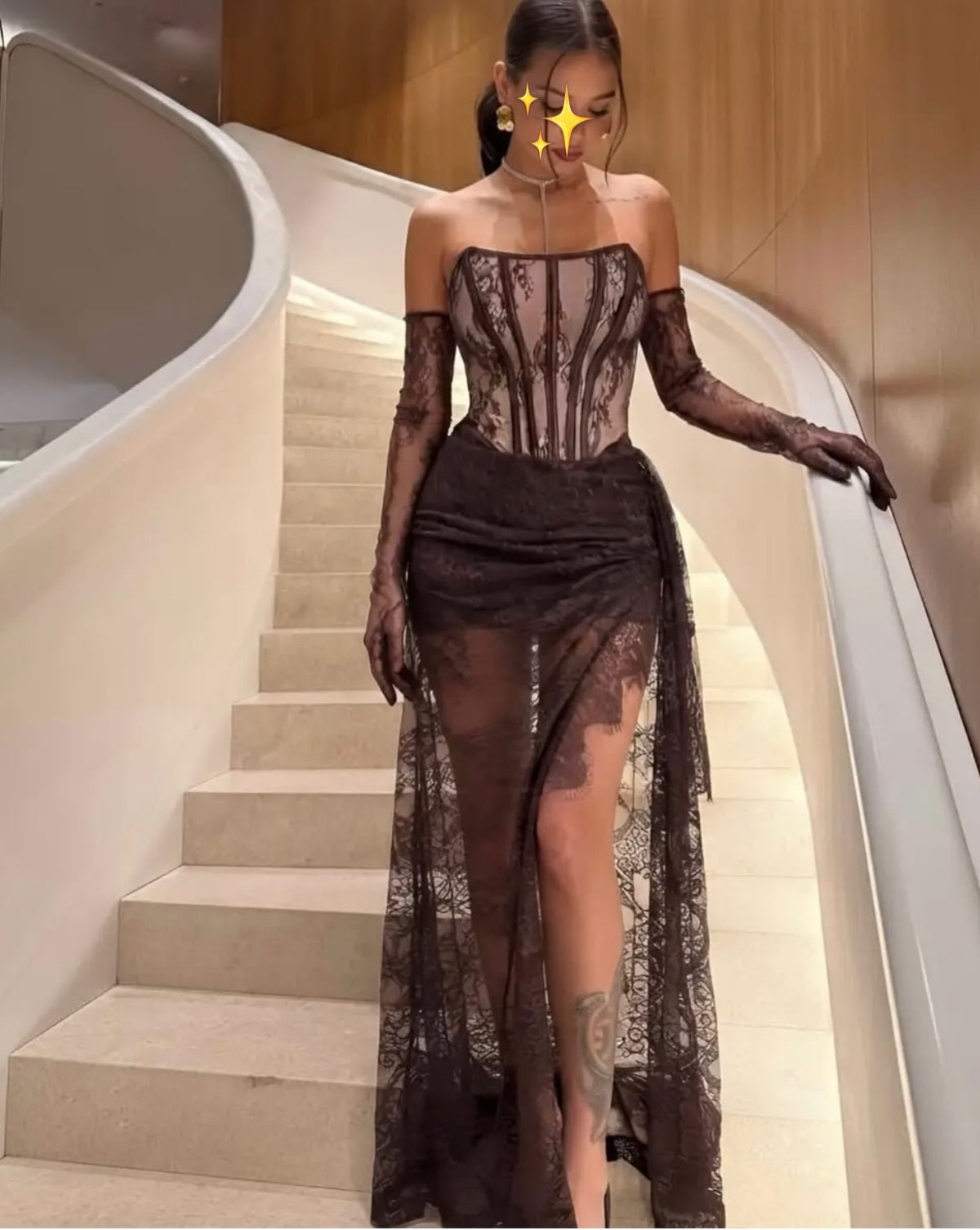Lace Strapless Corset Gown with High Slit