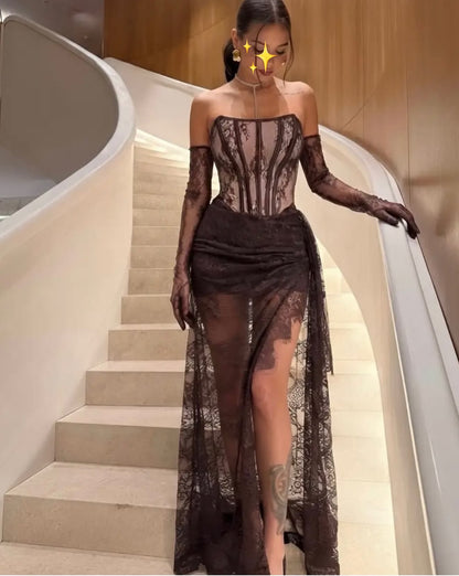 Lace Strapless Corset Gown with High Slit