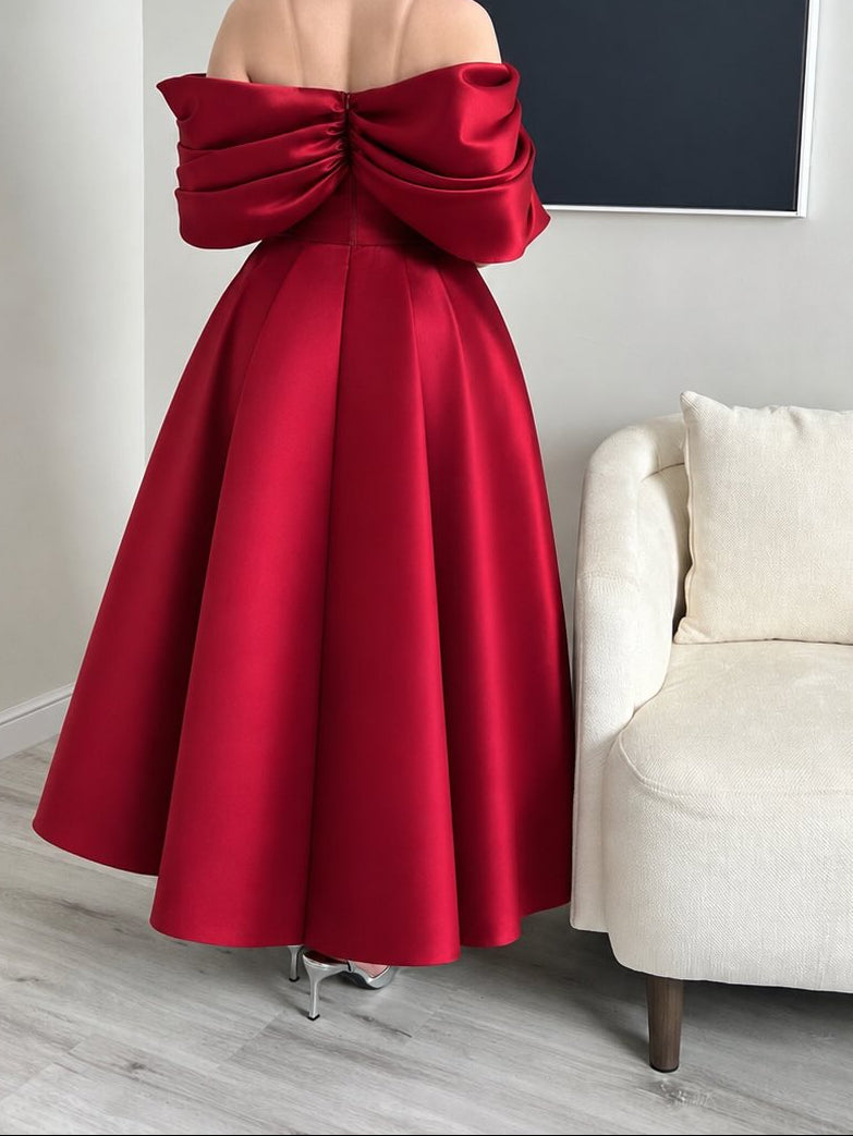 Off-the-Shoulder Corset Tea-Length Satin Dress