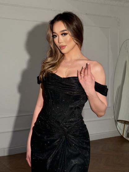 Off-the-Shoulder Glitter Corset Gown with Slit
