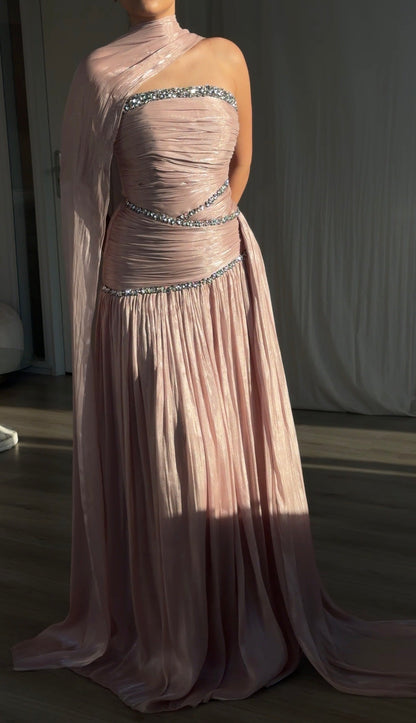 Ruched Column Gown with Draped Cape and Crystal Trim