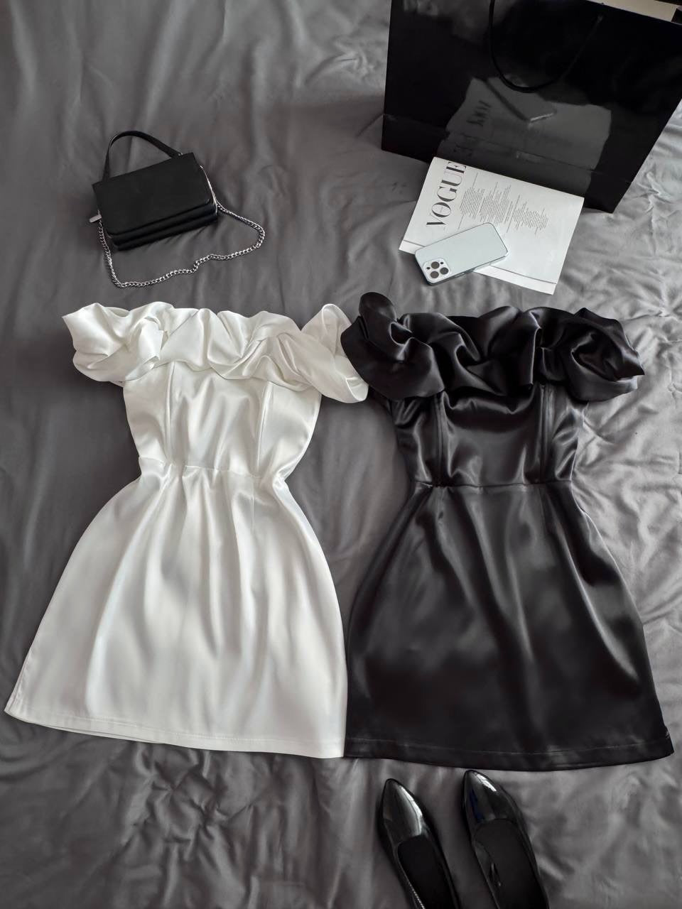 Dramatic Ruffle Off-Shoulder Mini Satin Dress