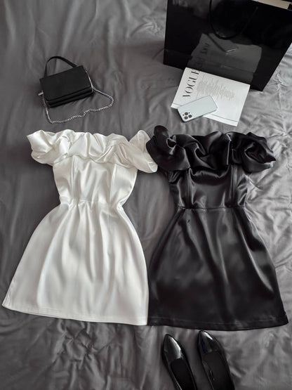 Dramatic Ruffle Off-Shoulder Mini Satin Dress