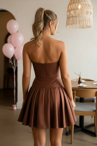 Strapless Pleated Mini Dress with Bowknot