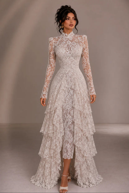 Long Sleeve Lace High-Low Tiered Wedding Gown