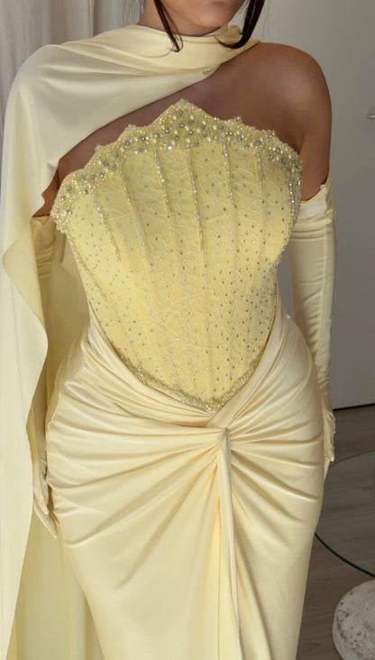 Corset Evening Gown with One-Shoulder Cape