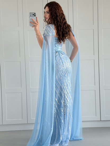 Sequin Mermaid Gown with Chiffon Cape Sleeves