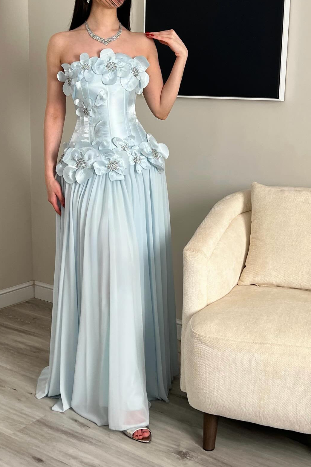 Strapless 3D Floral Corset Floor-Length Gown