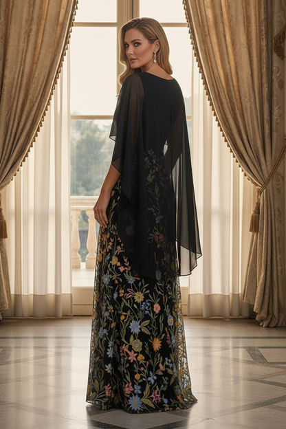 Floral Embroidered Capelet Maxi Dress with Slit