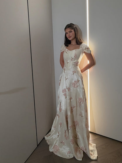 Embroidered Corset Gown with Cap Sleeves