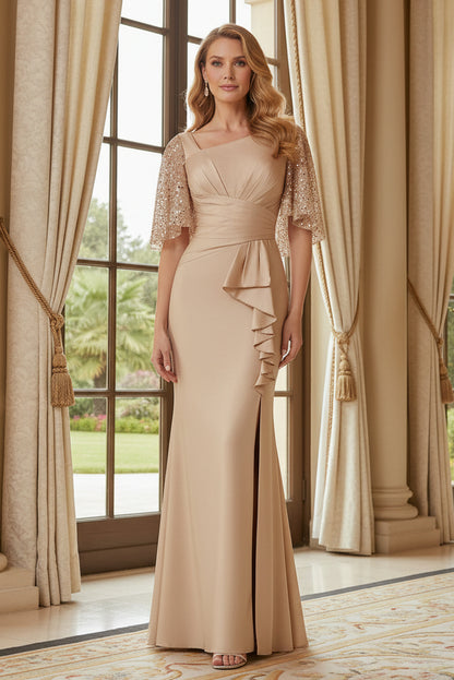 Sequined Flutter-Sleeve Sheath Gown with Ruffled Slit