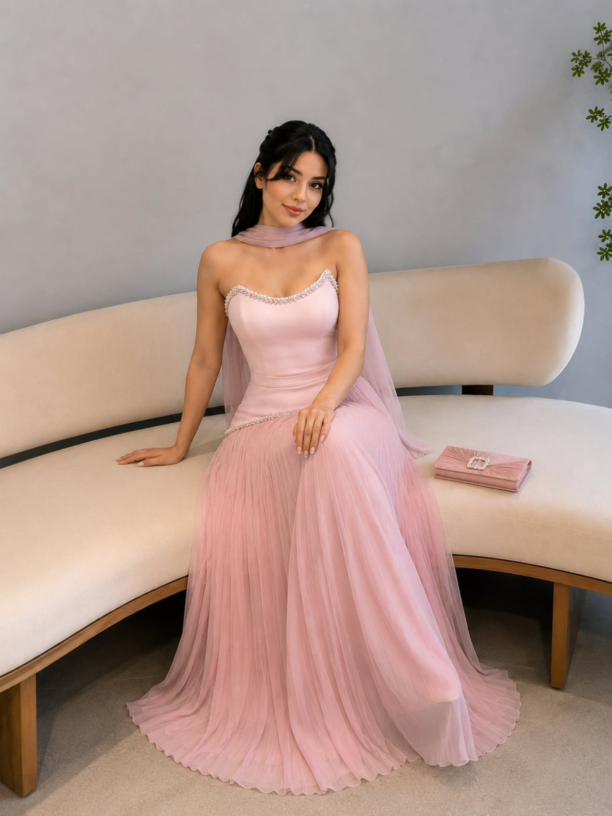 Pearl-Trimmed Strapless Pleated Evening Gown